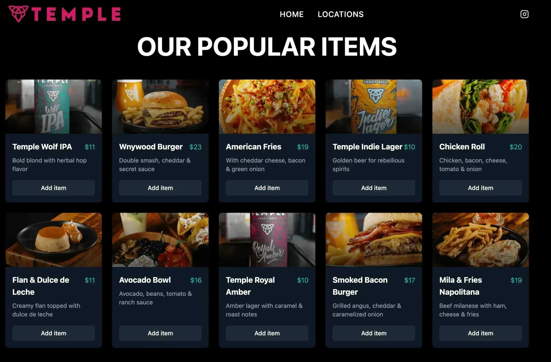 Temple Craft restaurant website built with RAY